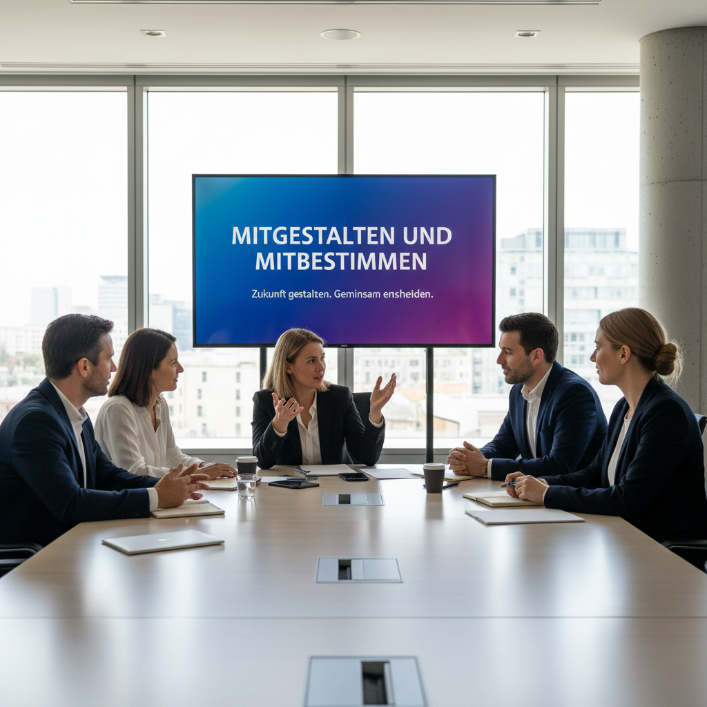A group of people sitting at a table discussing something, with the headline 'Mitgestalten und Mitbestimmen' displayed prominently