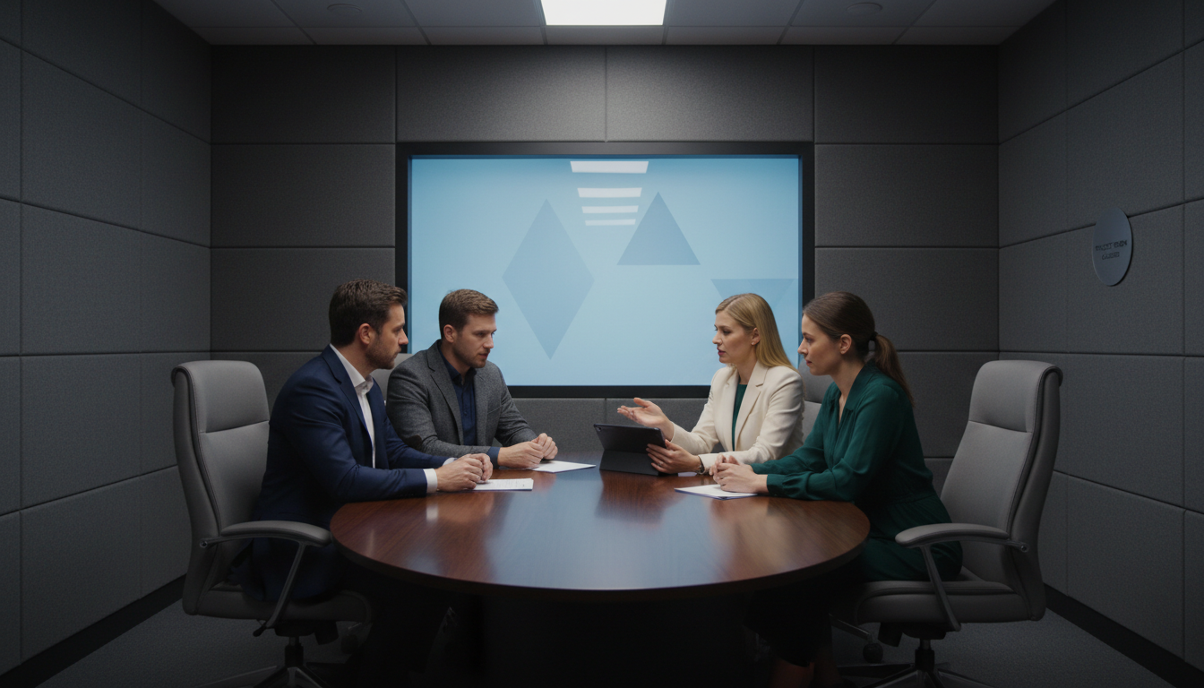 Create an image of a confidential, protected room with four people: two men and two women. The setting should feel private and professional, without windows or external views. The people should be engaged in a constructive conversation, maintaining a sense of trust and confidentiality.