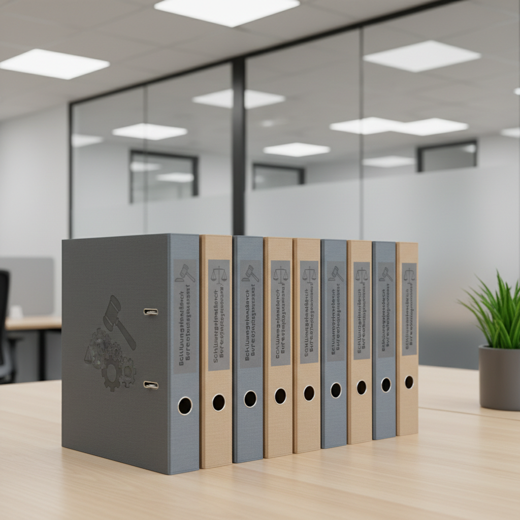 An arrangement of meticulously organized training binders in muted grey and taupe tones, each emblazoned with detailed, embossed legal symbols and German text referencing the BetrVG. The binders are placed against a backdrop of frosted glass office dividers in a tidy, neutral-toned workspace. Overhead, recessed ceiling lights emit a cool, even glow, minimizing shadows and highlighting the clean lines of the materials. The photographic style is crisp and realistic, with a structured composition using the rule of thirds, evoking a sense of order, professionalism, and reliability that aligns with comprehensive Works Council training.