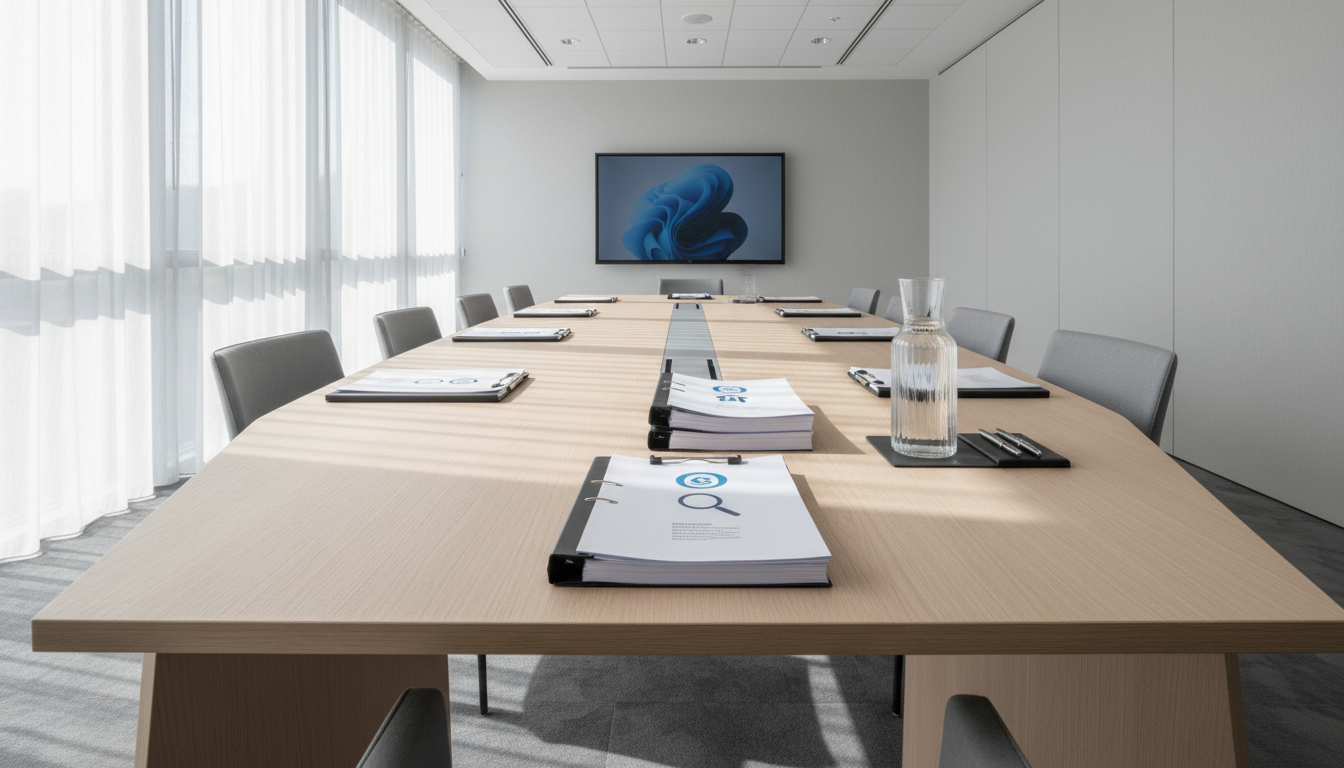 A sleek conference table crafted from light ash wood with clean, sharp edges and a matte finish, arranged in a bright, spacious meeting room. The table is organized with neatly stacked files labeled with compliance icons, a minimalist glass water carafe, and elegant chrome pens. Floor-to-ceiling windows allow soft, diffused daylight to illuminate the scene, casting gentle, controlled shadows and creating an atmosphere of focus and professionalism. The photographic composition is balanced and symmetrical, captured from an eye-level perspective, with sharp clarity throughout. The overall mood is calm, structured, and businesslike, embodying a modern corporate aesthetic tailored for a business training environment.